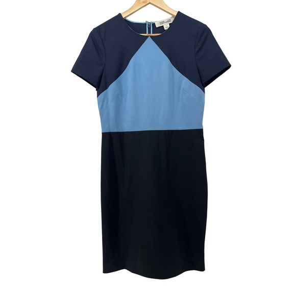 Diane Von Furstenberg Colorblock Wool Sheath Dress Navy Blue Light Blue Size 8 - Picture 3 of 9